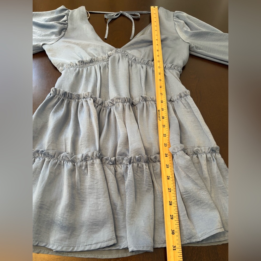 Lulu's Moonstruck Slate Blue Satin Tiered Long Sleeve Mini Dress Size S V-Back - Picture 11 of 13